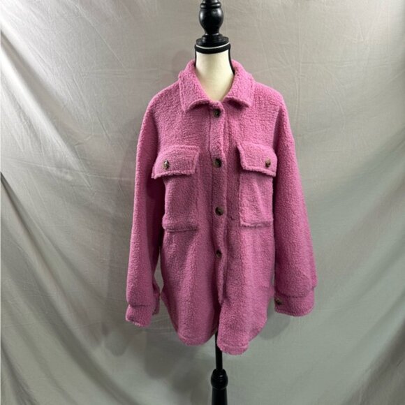 Flap Pocket Drop Shoulder Teddy Coat Jacket Pink - Picture 7 of 9